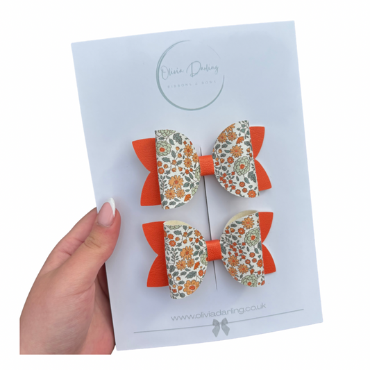 Orange Floral Leatherette 2.5" Hair Bows