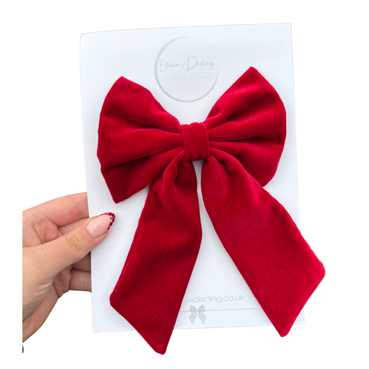 Red Velvet Long Tail Hair Bow – Festive Christmas Hair Accessory