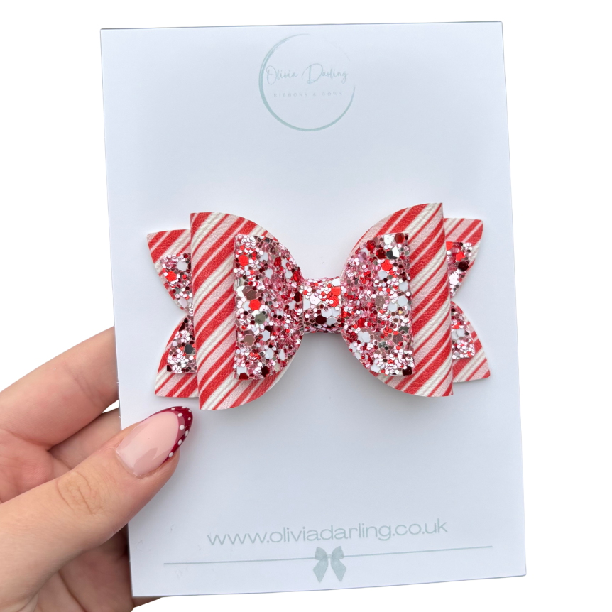 Red Candy Cane Lane Glitter Double-Loop Christmas Hair Bow