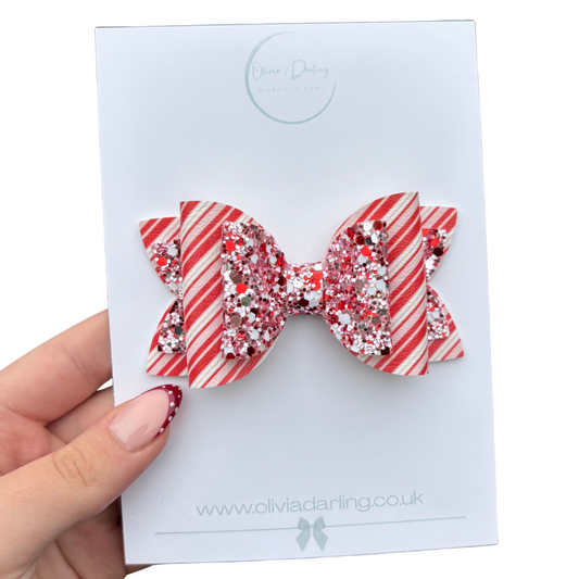 Red Candy Cane Lane Glitter Double-Loop Christmas Hair Bow